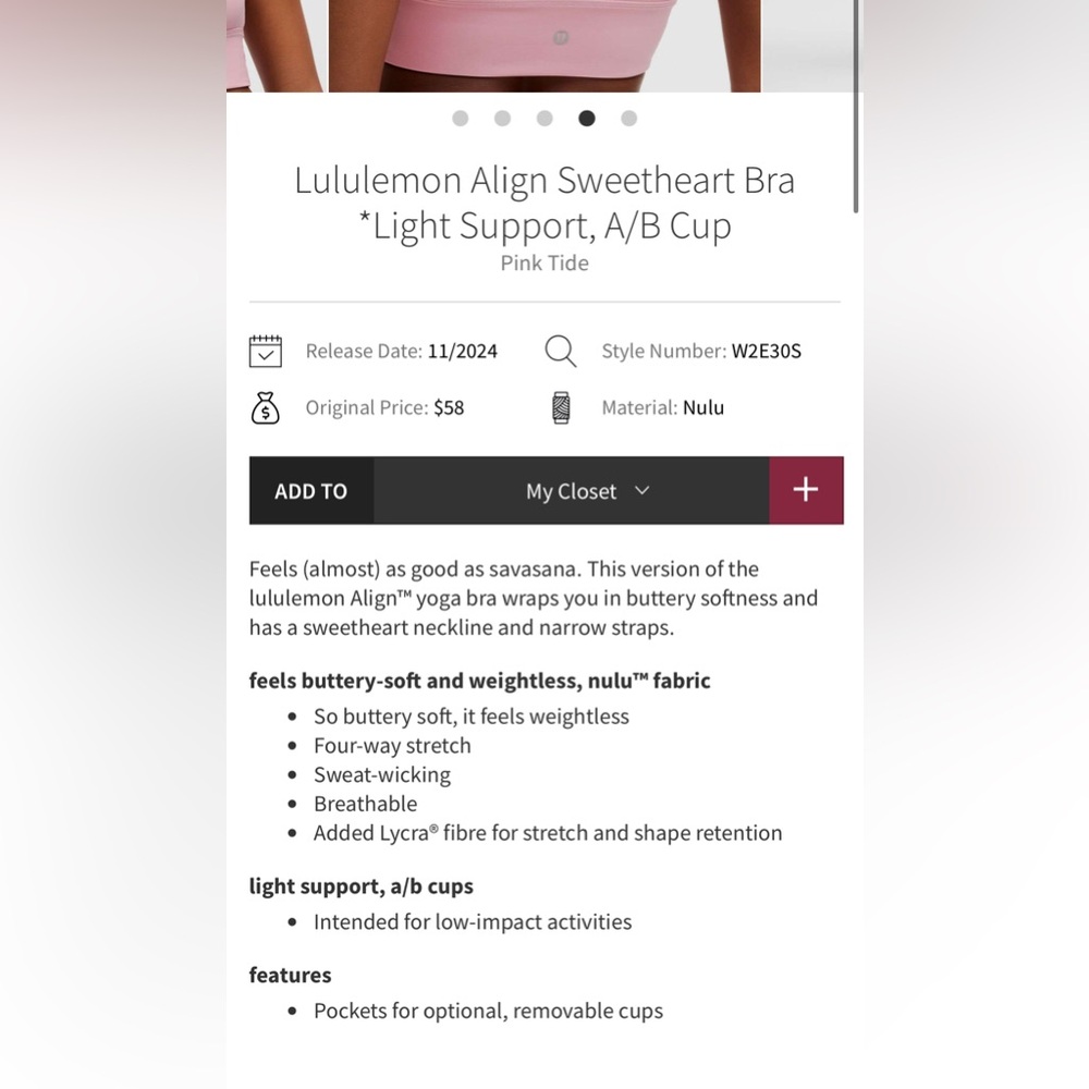 lululemon athletica Align Sweetheart Pink Sports Bra 10 A/B NWT - Picture 3 of 4